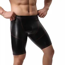 Men Pu Leather  Boxershort Fashion Mid-Waist Black 5-Point Pants Men Punk Motorcycle Trouser Black Pant Male Tight Leather Pant