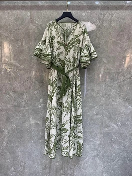 

2020 Spring and Summer New Women's V-neck Tether Knot Decorative he ye xiu Printing Waist Dress 413