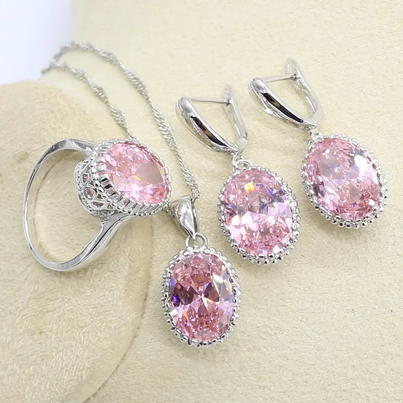 Овальный розовый циркон 925 пробы серебра набор украшений для женщин с браслет, серьги, ожерелье кулон подарок для свадьбы дня рождения