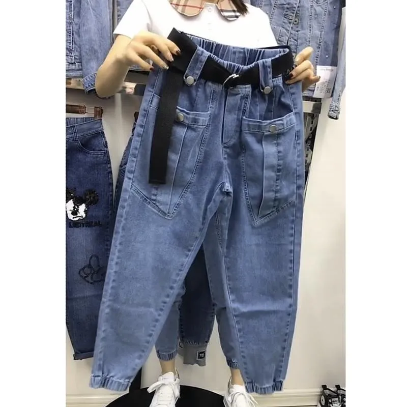 2020 new denim harem pants women's elastic high waist loose thin overalls pants feet feet nine points lantern dad pants