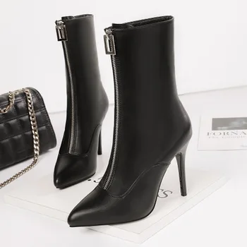 

2019 Fashion sexy pointed high heels stiletto was thin in the tube boots banquet front zipper thin women's boots