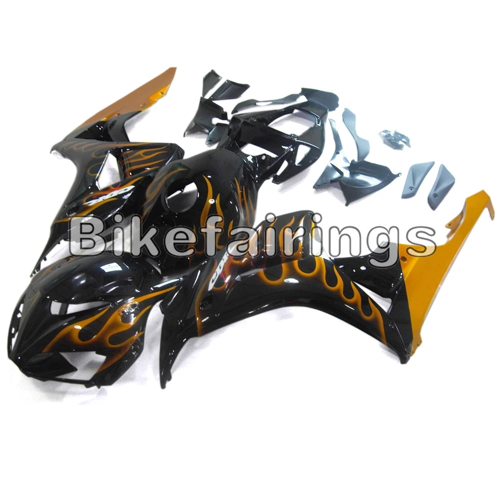 ABS пластик полный комплект обтекателя для Honda CBR1000RR 2006 2007 CBR 1000 RR впрыска мотоциклетный кузов-черный с золотым пламенем