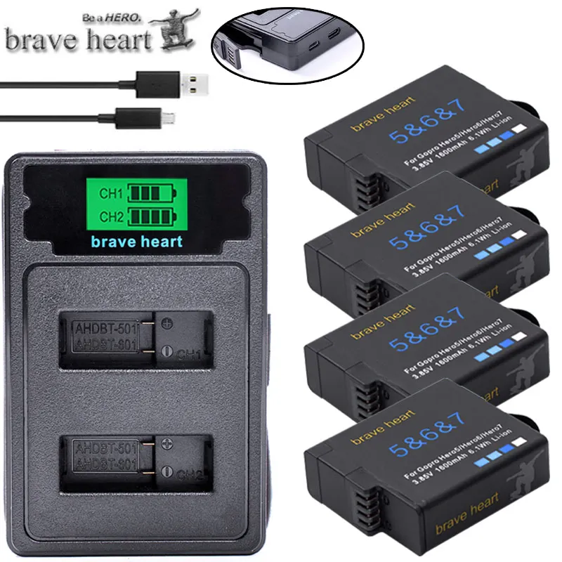 

bateria Go pro Hero5 hero 6 hero7 Battery Akku+ TYPE-C Charger for GoPro 2018 Hero 5 GoPro Hero 6 7 black Camera Battery
