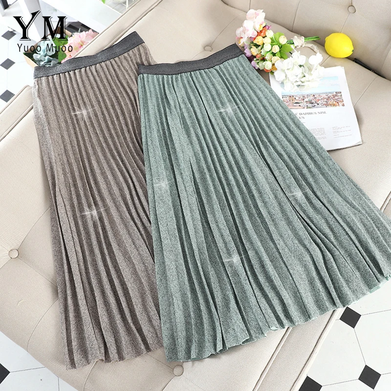 YuooMuoo элегантная блестящая плиссированная юбка с высокой талией осенне-зимняя женская зеленая юбка Harajuku Faldas Mujer Прямая поставка