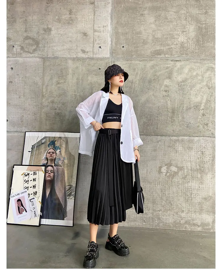 XITAO Irregular Black Skirt Fashion New Women 2020 Elegant Goddess Fan Pleated Pocket Small Fresh Casual Loose Skirt ZP1684