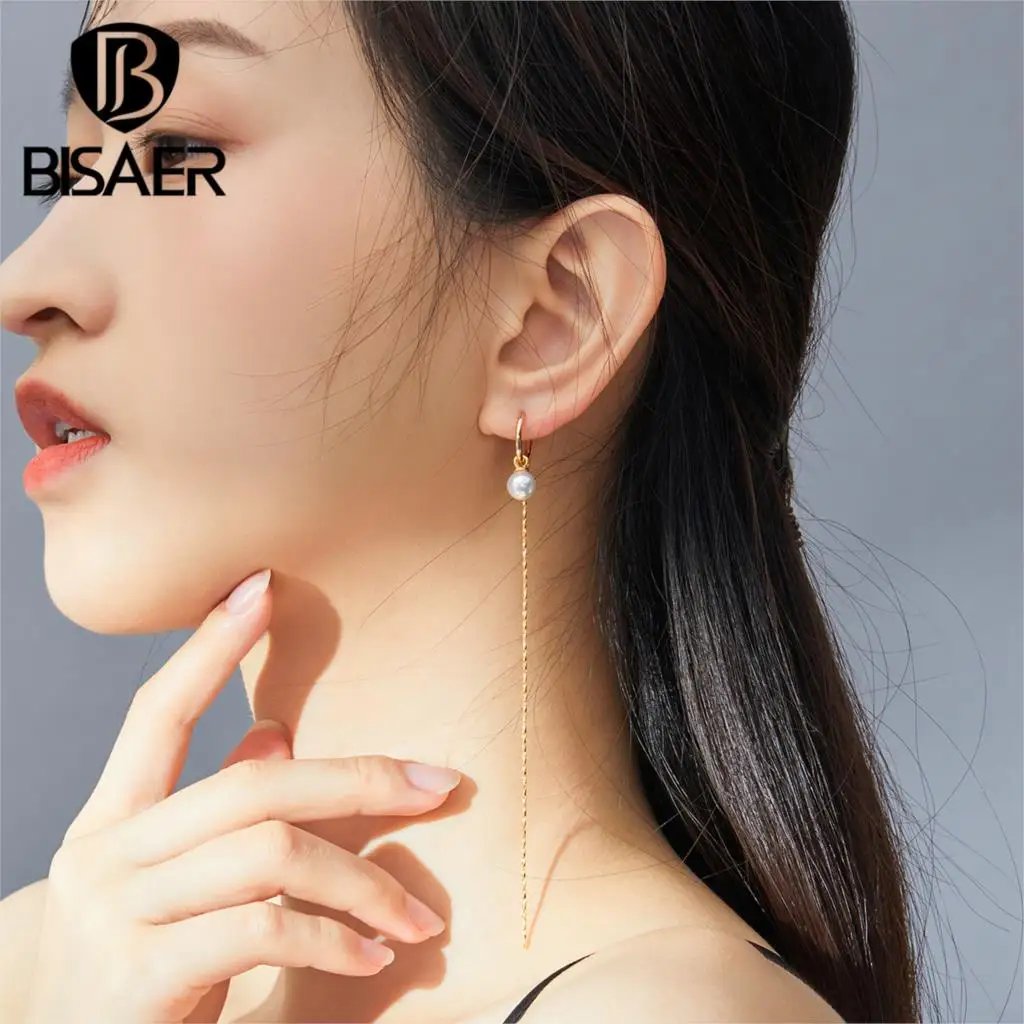 Серьги с кисточками, BISAER, модные, 925 пробы, серебряные, длинная цепочка, серьги-гвоздики с кисточками, женские, Пресноводный Жемчуг, роскошные ювелирные изделия EFE325