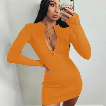 

Meihuida Women Winter Fall Bodycon Ribbed Dress Stand Collar Zipper Deep V-neck Solid Stretch Bodycon Pencil Party Mini Vestido