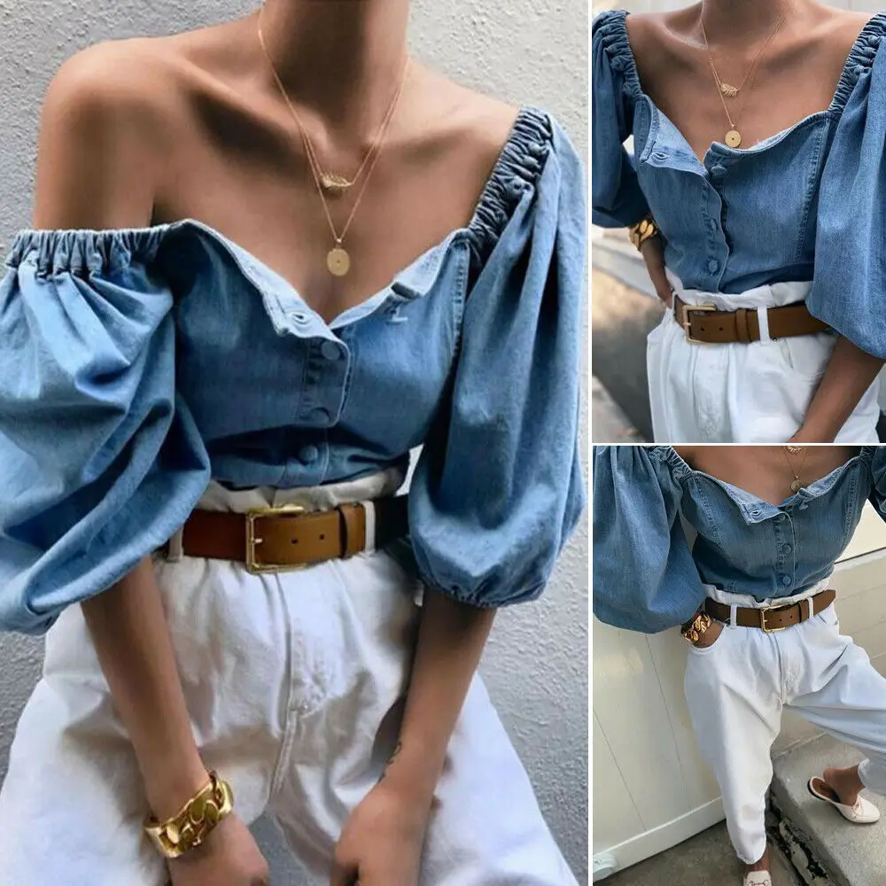 

2019 Women Sexy Off Shoulder Denim Long Sleeve Button Shirt Loose Blouse Tops Shirt