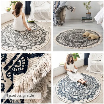 

Classic Round Carpet Bohemia Ethnic Tassel Rug Red Blue Mandala Carpets for Living Room Nordic Cotton Linen Big Rugs Modern