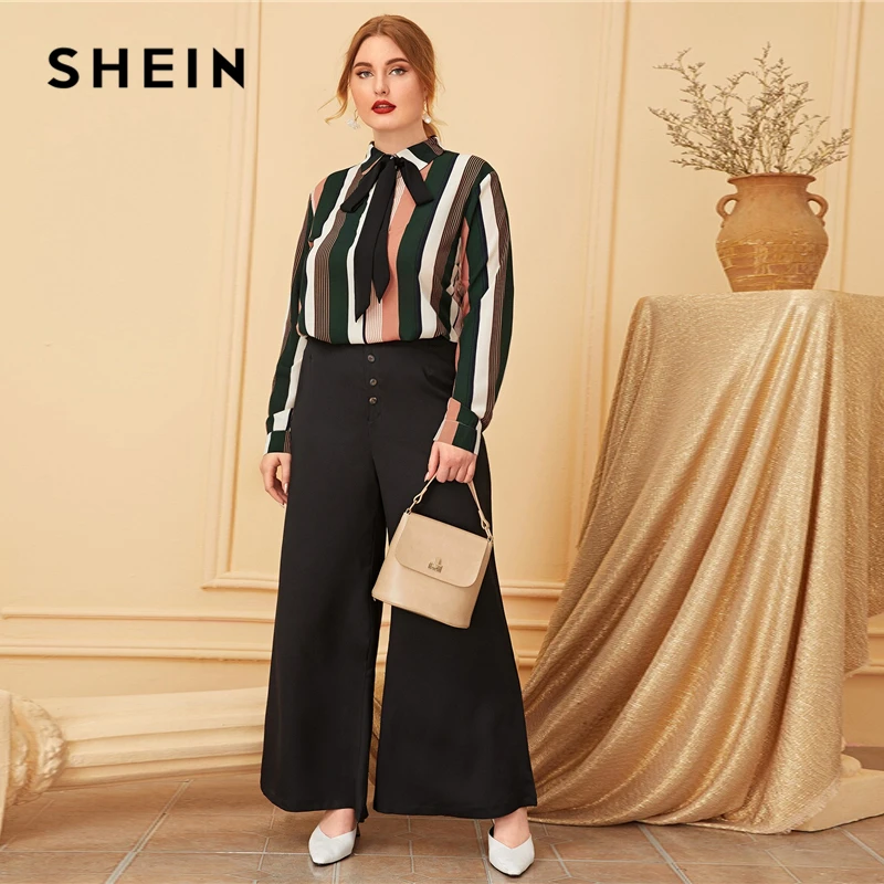  SHEIN Plus Size Multicolor Block Stripe Tie Neck Shirt Blouse Top Women Autumn Long Sleeve Elegant 