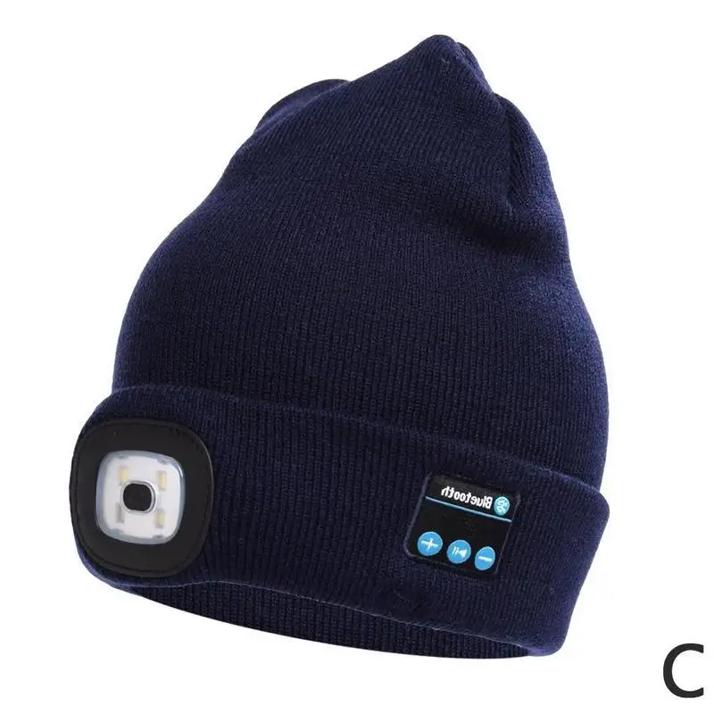 Синяя вязаная шапка с Bluetooth, светодиодная светлая крышка, светодиодная уличная альпинистская светодиодная шапка, перезаряжаемая теплая шапка, вязаная шапочка для пешего туризма - Цвет: C