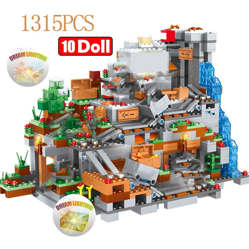 Price 1315PCS My World Building Blocks Compatible LegoINGLY Mountain Cave Village Figures Module Bricks Toys For Children