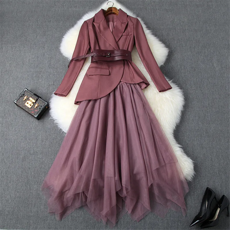 

Autumn Winter Office Lady Blazer Suit Skirt 2Piece Set Women 2019 Designer Belted Irregular Jacket and Tulle Skirt Set Outfit