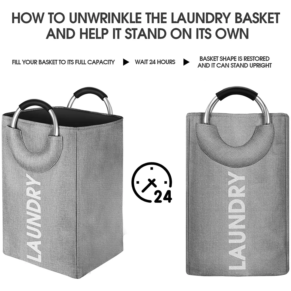 Collapsible Fabric Laundry Hamper with Ring Aluminum Handle for Easy Carry Portable Washing Bin Folding Clothes Bag 6