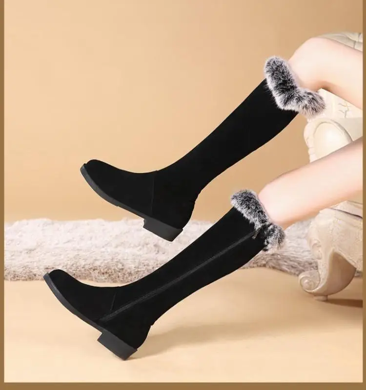 Snow Boots Knee High Winter Women Black Red Shoes Woman Feather Low heelNubuck Short Plush Long Ladies Size 47 Womens 42 10 Zip