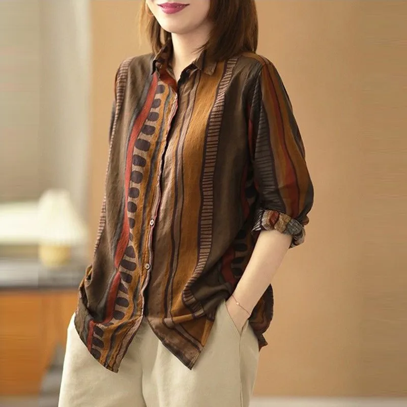 

Women Long Sleeve Casual Shirts New Arrival 2021 Autumn Arts Style Vintage Striped Loose Cotton Linen Ladies Elegant Tops D061