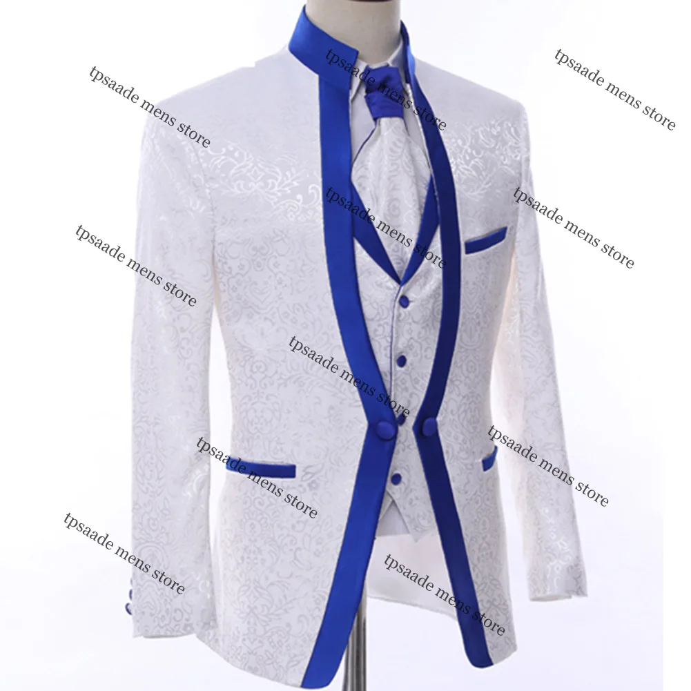 White Royal Blue Rim Stage Clothing For Men Suit Blazer Set Mens Wedding Suits Costume Groom Tuxedo Formal 3 Piece Male Outfits