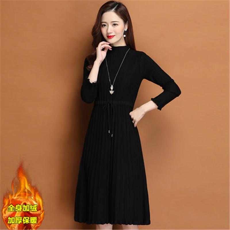

Autumn Winter Women Dress Knitted Long Straight Maxi Dress Lace Thick Turtleneck Office Ladies Sweater Belt Pleated Dresses Warm