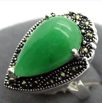 

Fashion jewelry Fashion 15X23mm Green Jades Marcasite 925 Sterling Silver Jewelry Ring 7/8/9/10 jade