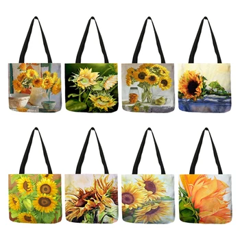 

Sunflower Oil Paint Linen Tote Bag Floral Handbags For Women Reusable Shopping Bag Traveling Bags