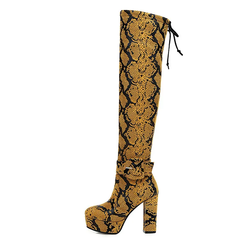 Meotina Winter Thigh High Boots Women Snake Print Thick Heel Over The Knee Boots Slim Stretch Super High Heel Shoes Ladies 33-46