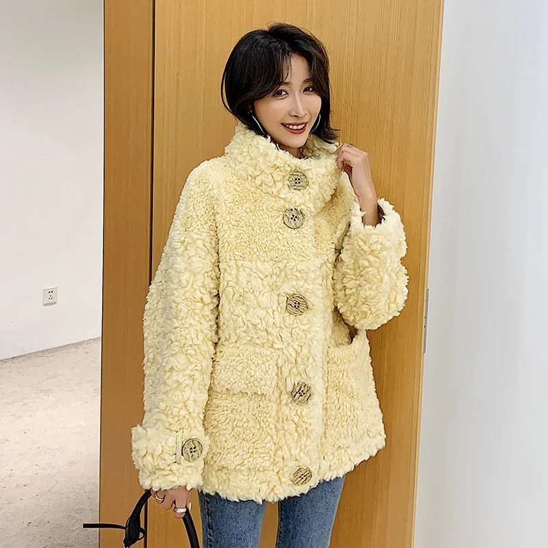 bright yellow AYUNSUE, натуральное меховое пальто, женская овечья овчина, осенне-зимняя куртка, женское шерстяное пальто, корейские розовые куртки, Manteau Femme SGT-007 - Цвет: bright yellow