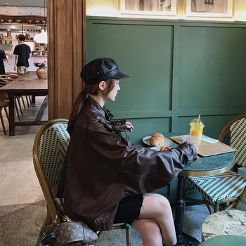 

2020 Spring And Autumn New Youth Popular Loose Stand Collar PU Solid Color Short Paragraph Leather Fashion Casual Wild Jacket