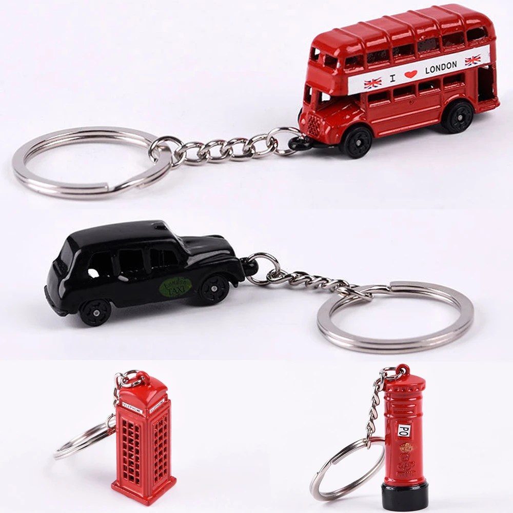 British Miniature London Model Key Ring Keychain Souvenir Red Bus Taxi Y_cd 