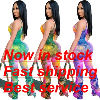 

Women Long Tie Dye Print Jumpsuit U-Shaped Neck Romper Summer Casual Bodysuit