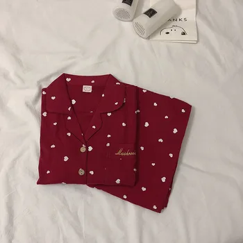 

Ins Sleepwear South Korean Style Pajama Set Women's Spring /Autumn Red Love Pattern Cotton Long Sleeve Pants Household Suit