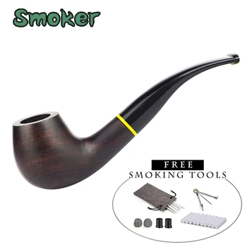 

Hot Sale Bent Stem WoodenSmoking Tobacco Pipe with Yello Ring 100% Handmade by Ebony Wood With Free Smoking Tools hw1014