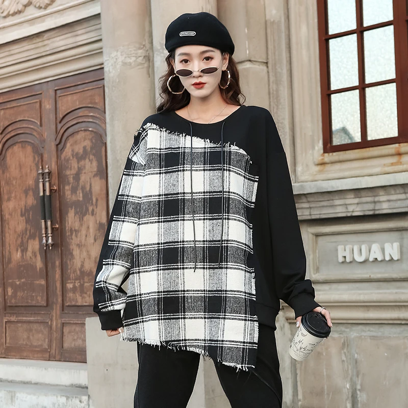 

Japan Style Autumn Winter New Fashion Sweatshirt O Neck Patchwork Plaid Irregular Hem Loose WomenTops