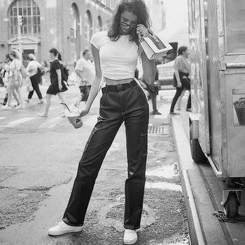 

Streetwear Cool Girl Big Pocket PU Cargo Pant Women High Waist Loose Pants Stretch Trouser Hip Hop Female Straight Joggers Pants