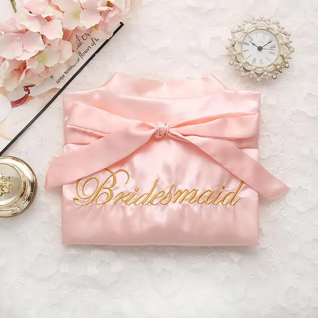 Bride Bridesmaid Wedding Robe Embroidery Kimono Bathrobe Gown Nightgown Casual Satin Short Women Sexy Nightwear Sleepwear BridesmaidLight Pink