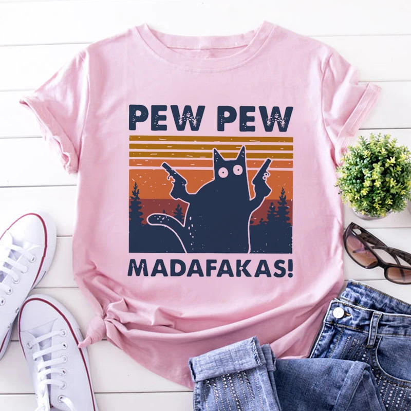 Camiseta blanca con estampado de gato asesino y pistola para mujer, playera con estampado de Pew, Madafakas, Top de manga corta para Halloween para mujer