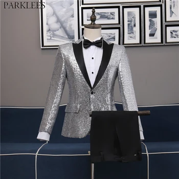 

Mens Gorgeous Sliver Sequins Suits With Pants 1 Button Slim Fit Glitter 3 Pcs Tuxedo Suit Men Nightclub Stage Prom Costume Homme