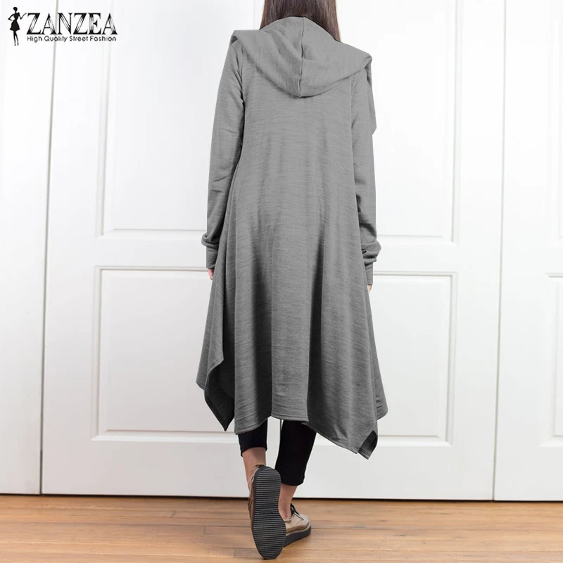 ZANZEA/модные женские толстовки с капюшоном; кардиган с длинными рукавами; куртки; осенний однотонный асимметричный подол; полосатый каждодневный Свободный Длинный верх; женский топ