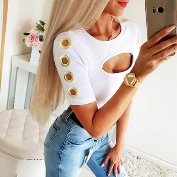 

Women Hollow Out Tshirt 2020 Summer Sexy Bodycon Short Sleeve Rib Knitted Top Ladies Cutted O Neck Casual Solid T Shirt Tees