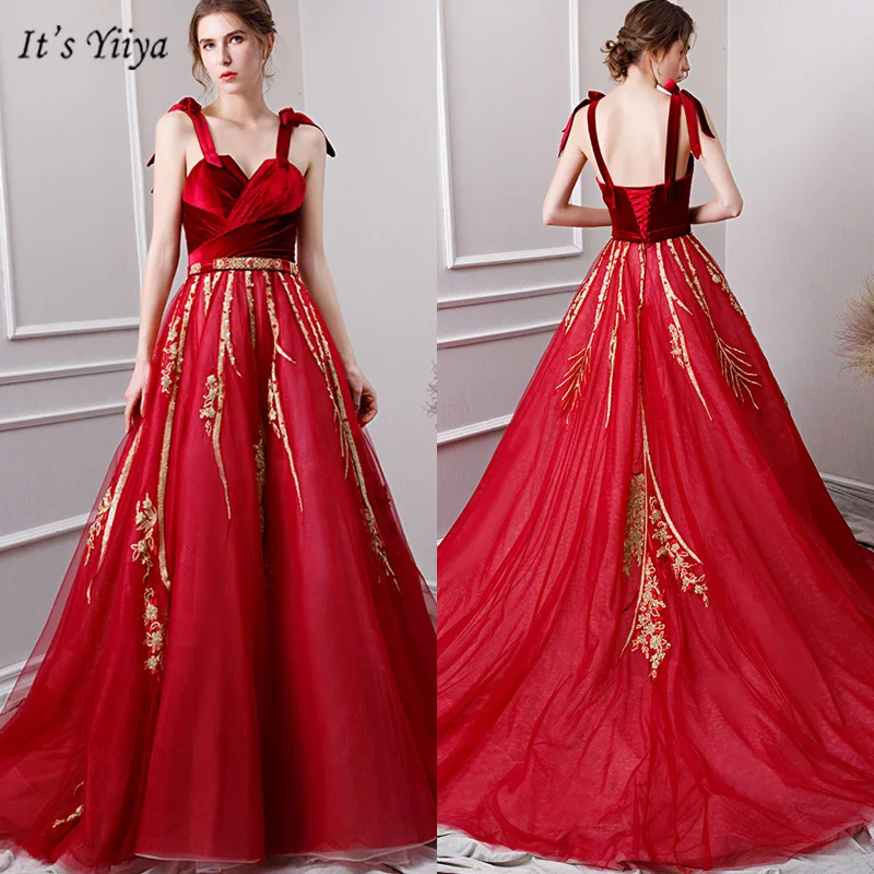 

It's Yiiya Evening Dress Square Collar Bow Spaghetti Strap Women Party Dresses Sleeveless Ball Gown Robe De Soiree V112