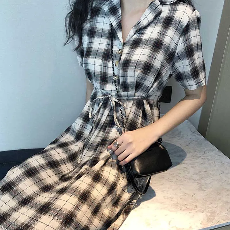 One-Piece Lady Lattice Dress 2020 Summer Fashion Korean Vintage Chiffon V-Neck Bandage Dress Women Elegant Plus Size Dresses