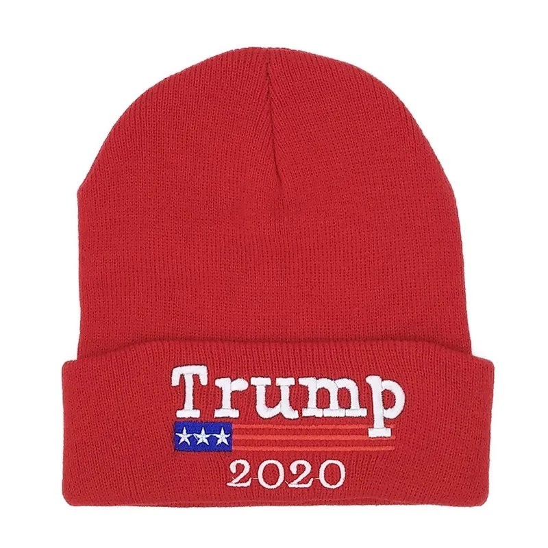 Вышивка Trump, шапка бини для женщин и мужчин, вязаные теплые зимние шапки, уличная Лыжная шапка, одноцветная хип-хоп Повседневная шапка с манжетами - Цвет: red 3