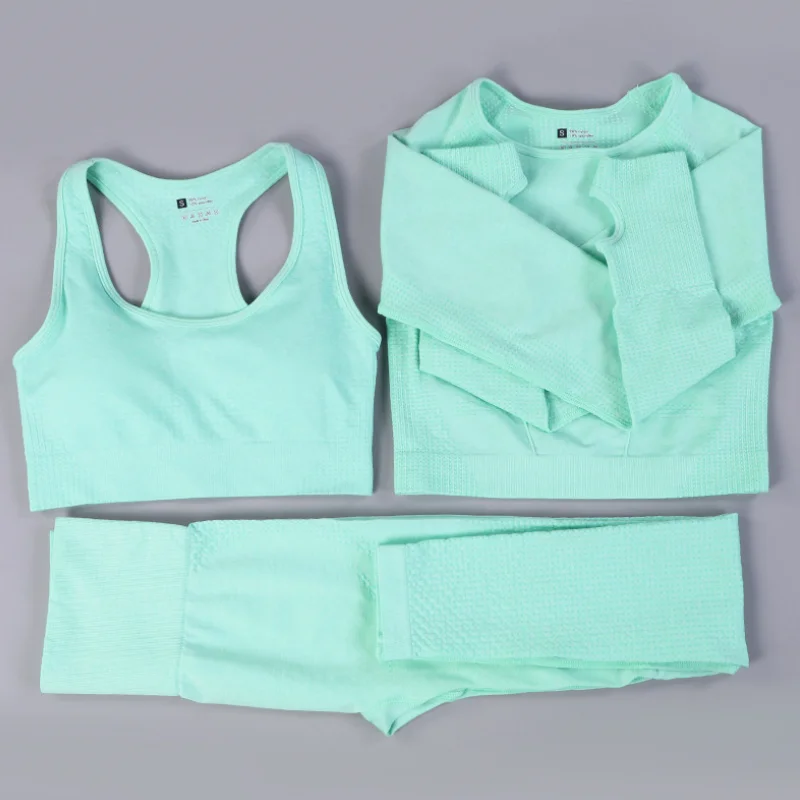 

3 Pcs Women Vital Seamless Yoga Set Workout Wear Gym Clothing Short Long Sleeve Crop Top High Waist Leggings Sports Suit