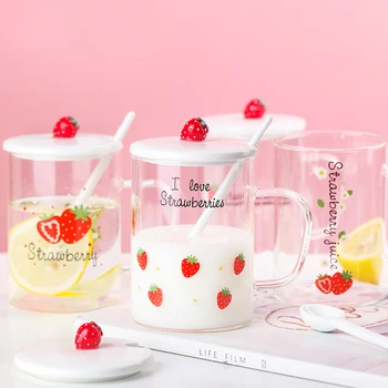 

Cute Strawberry Glass Cup with Spoon Transparent Cartoon Creative Student Juice Milk Water Cup Home Girl Water Cup Gift MM60BLB