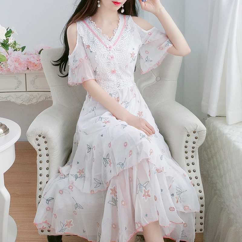 Стиль лето Xian Qi платье для хипстера Mori Girl линия Студенческая шифоновая Элегантная с открытыми плечами сказочная юбка