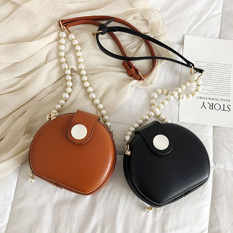 

Multipurpose Beading Pearl Chain Small Circular Bag Women Fashion Metal Lock Messenger Bags Ladies Chic Pu Leather Crossbody Bag