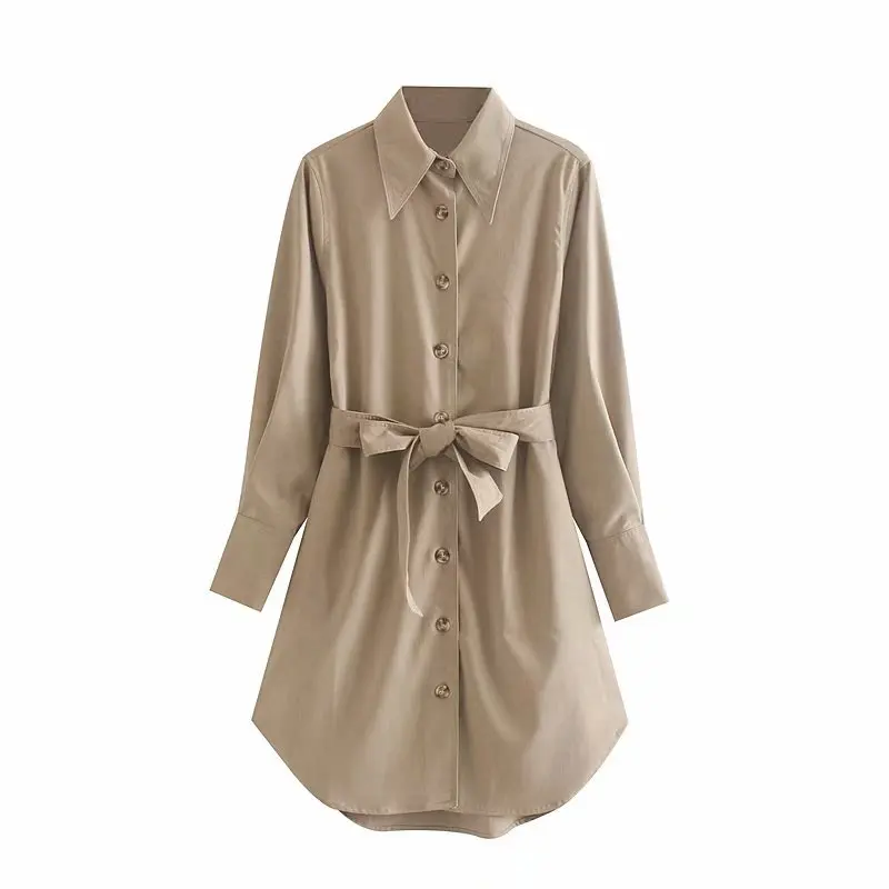 

QZ618 European Design Khaki Color Turn Down Collar Long Sleeve Sashes Slim Waist Dress Shirts Pattern Vestidos