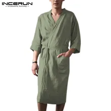 INCERUN, модный длинный халат, женское сексуальное ночное платье, кимоно, Мужская однотонная Пижама с рукавом 3/4, хлопок, лен, повседневный пояс, пижама, Халат