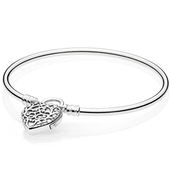 

925 Sterling Silver Bangle Vinage Moments Regal Heart Padlock Clasp Smooth Bracelet Bangle Fit Bead Charm Diy Fine Jewelry