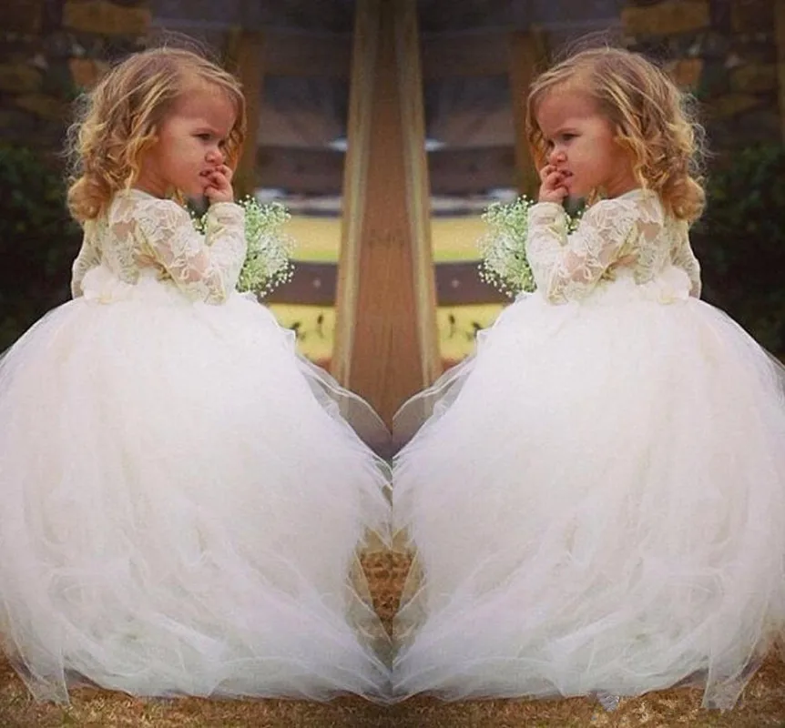 91 (1)Long Sleeve Lace Sweet Flower Girl Dress For Weddings Vintage Ball Gown Chapel Train Tulle Prom Dresses for Girls