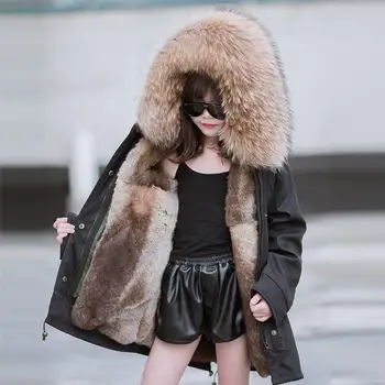 

2019 Winter New Children Girls Real Rabbit Fur Coat Kids Girls Natural Raccoon Fur Collar Outwear Teenage Thick Warm Jacket W206